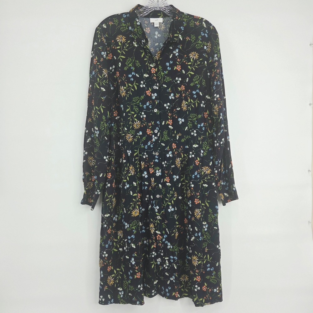 J. Jill Shirt Dress Small Navy Floral  Long Sleeve Boho Work Button Front